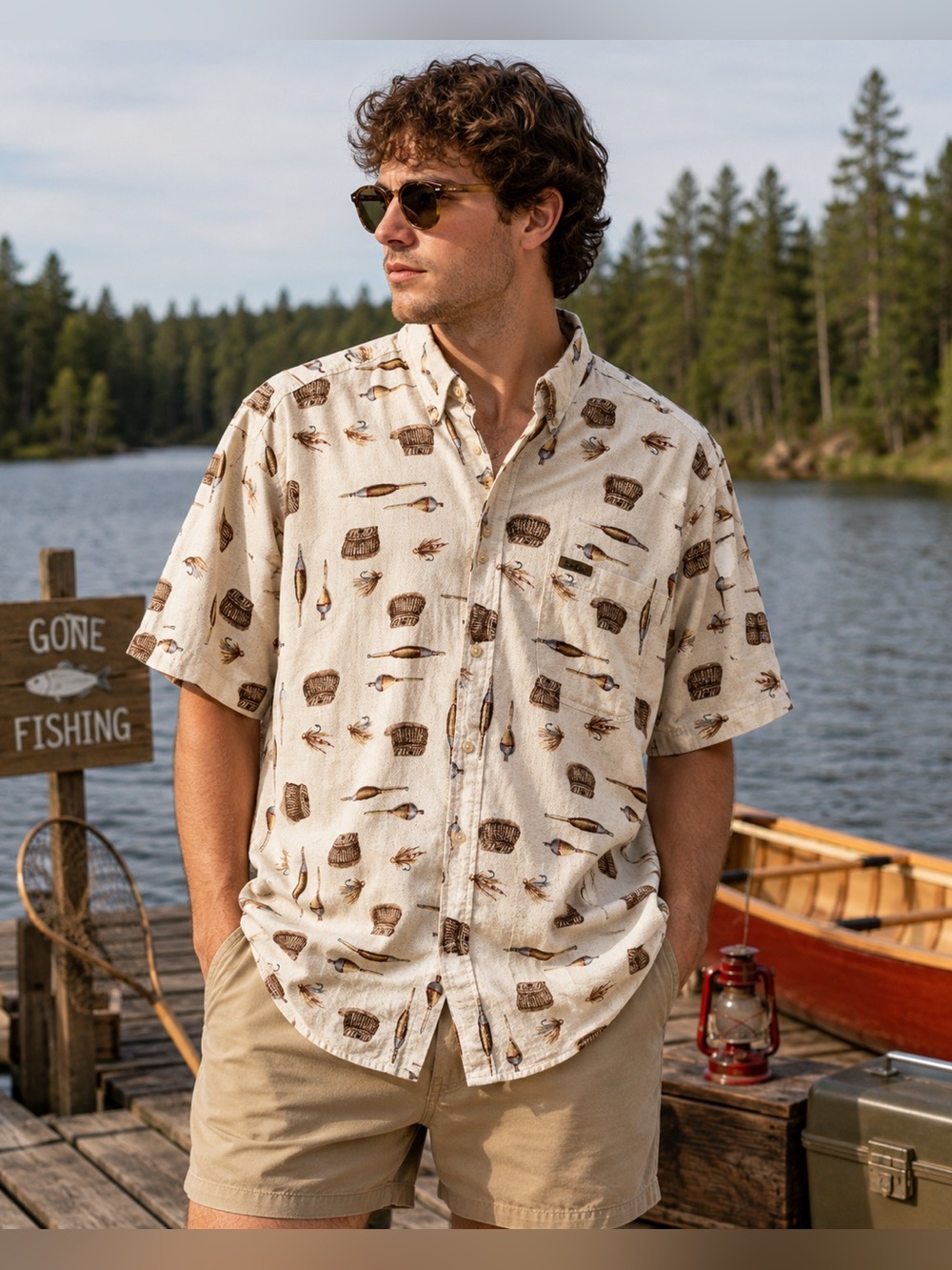 Vintage Woolrich Fly Fishing Print Button Up Shirt Men’s Large Beige Outdoor